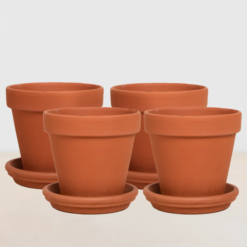 Terracotta potten met schotels